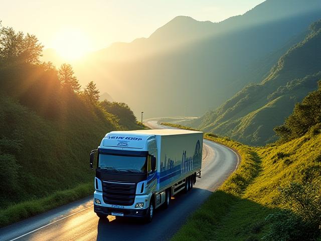 Camión de Lynx Express en una carretera de montaña al amanecer, simbolizando expansión y liderazgo
