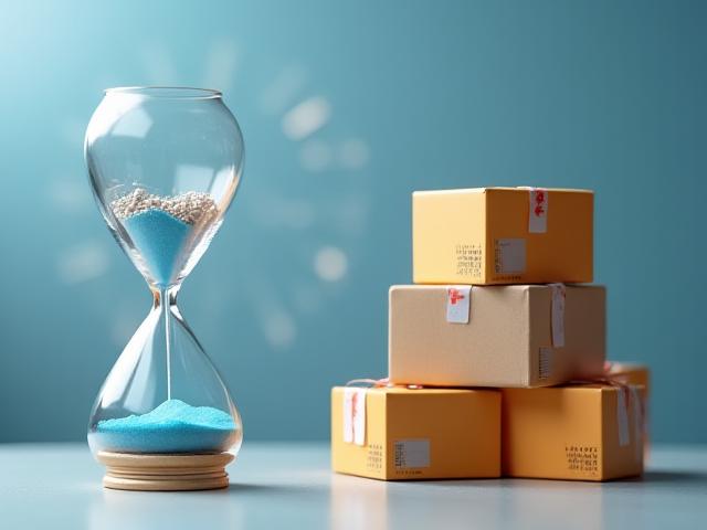 Imagen de un reloj de arena junto a paquetes, simbolizando la entrega rápida en 48 horas.
