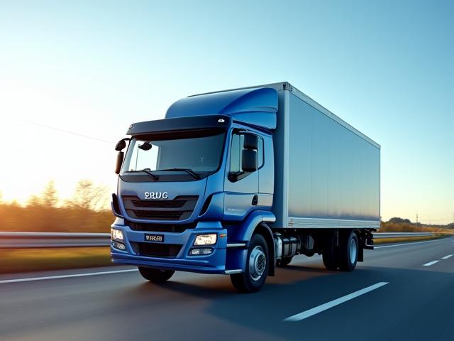Imagen de un camión de carga moderno en movimiento, representando el transporte de carga express.